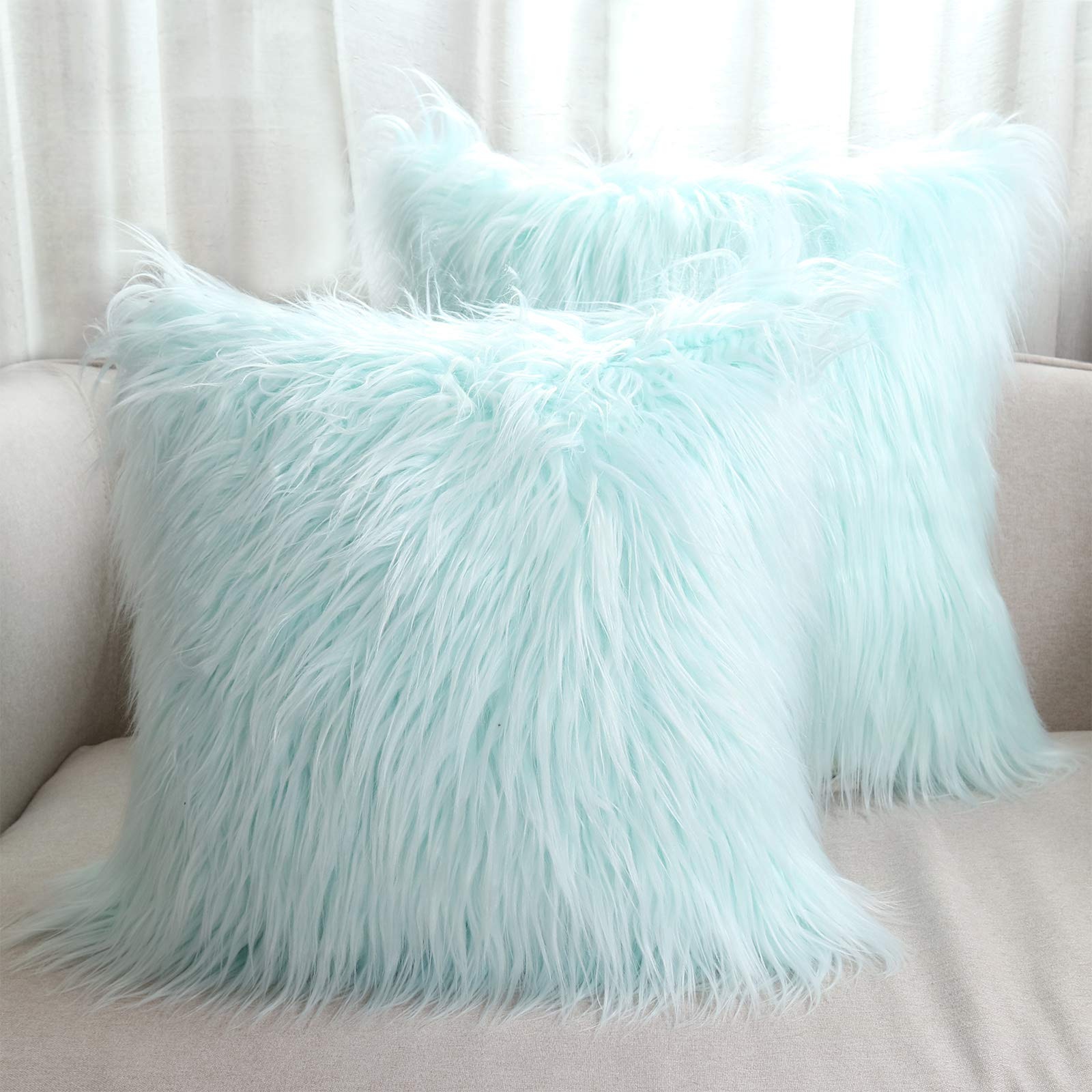 Hodeco Faux Fur Throw Pillow Covers 18X18 Inch Home Decor Luxury Long Fur Mongolian Soft Square Cushion Cover 100% Polyester Flo