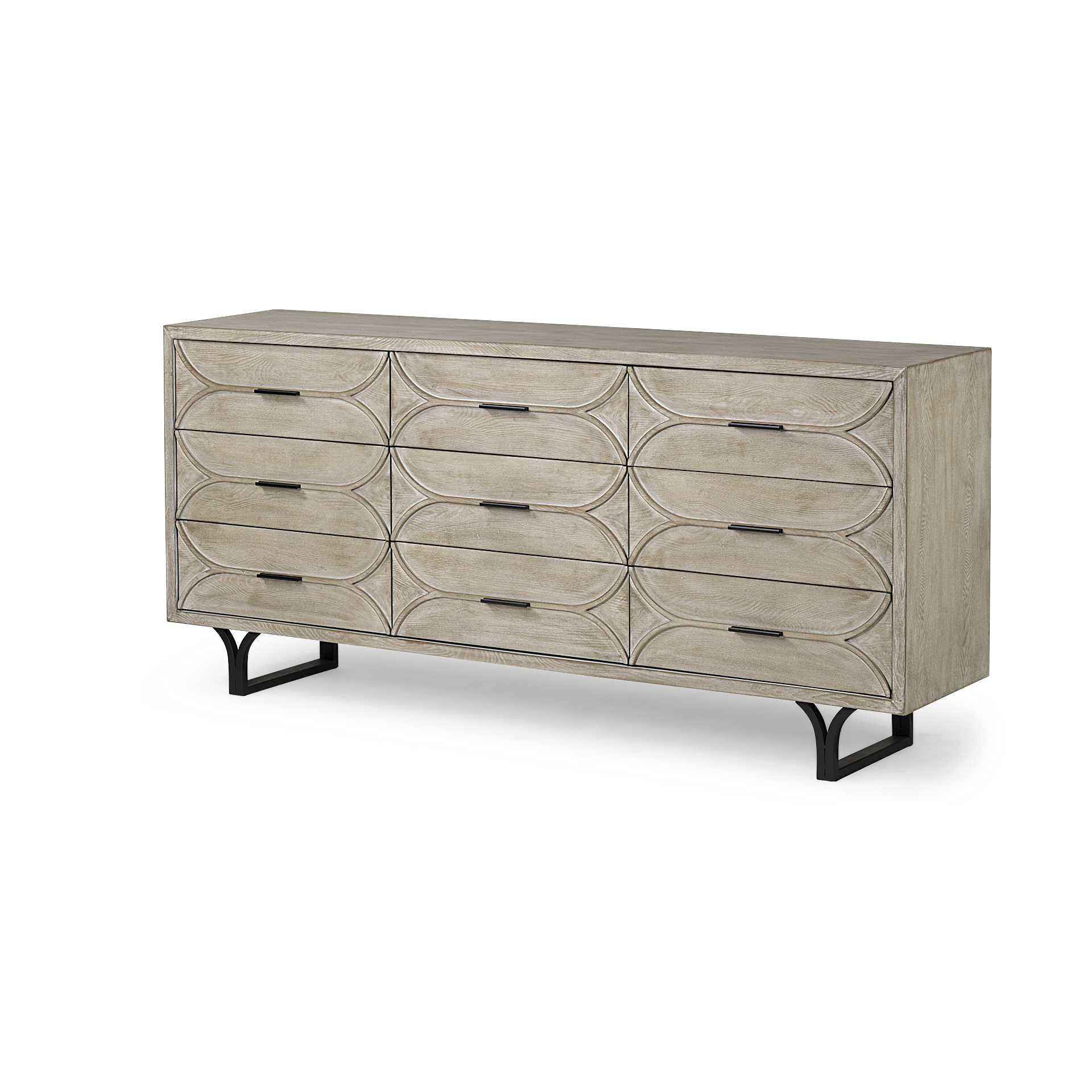 HomeRoots Light Brown, Black Wood, Metal Light Brown and White Solid Mango Wood Finish Sideboard with 9 Drawers