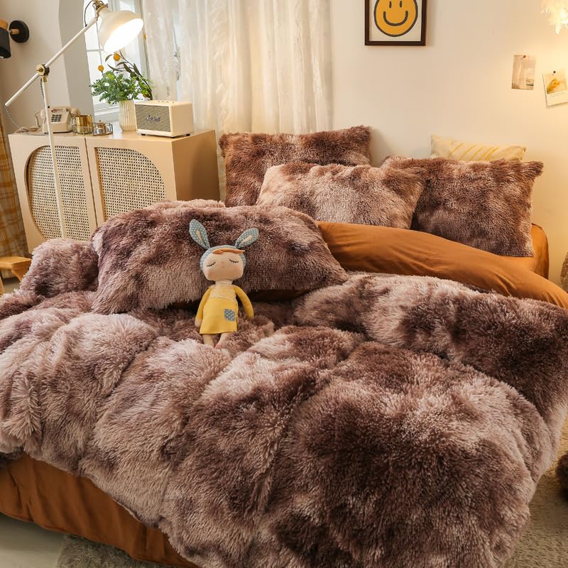 Chovy Faux Fur Tie-Dyed Brown White White Colorful Comforter Sets Twin - 3Pc Bed Set Ultra Soft Plush Flannel Velvet Fluffy Fuzz