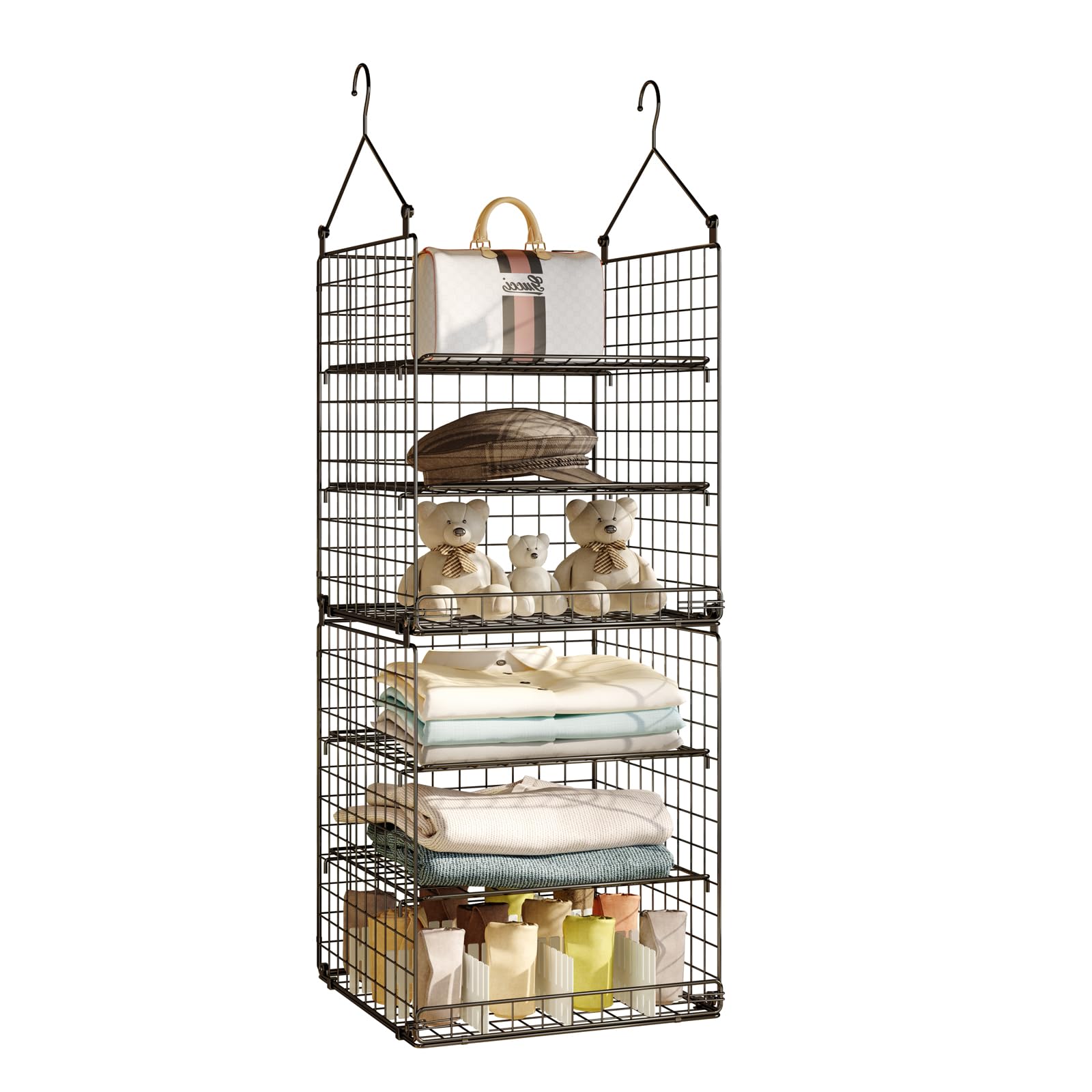 5 Tier Closet Hanging Organizer and Storage Separable Hanging Closet Shelves with 4 Hanging Hooks 2 Adjustable Dividers, Wire St