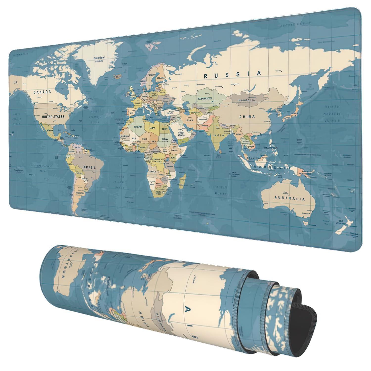 Desk Mat, Blue Vintage World Map Extended Gaming Mouse Pad Large, 35.4'X15.7' Big Mouse Pad With Non-Slip Base And Stitched Ed
