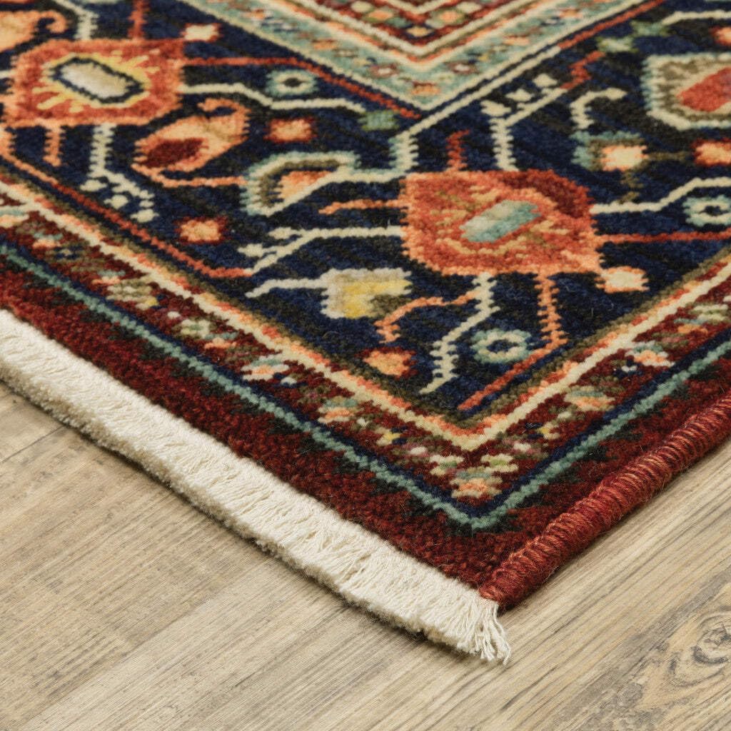 HomeRoots 509252 8 x 11 ft. Red Blue Orange & Ivory Oriental Power Loom Stain Resistant Rectangle Area Rug with Fringe