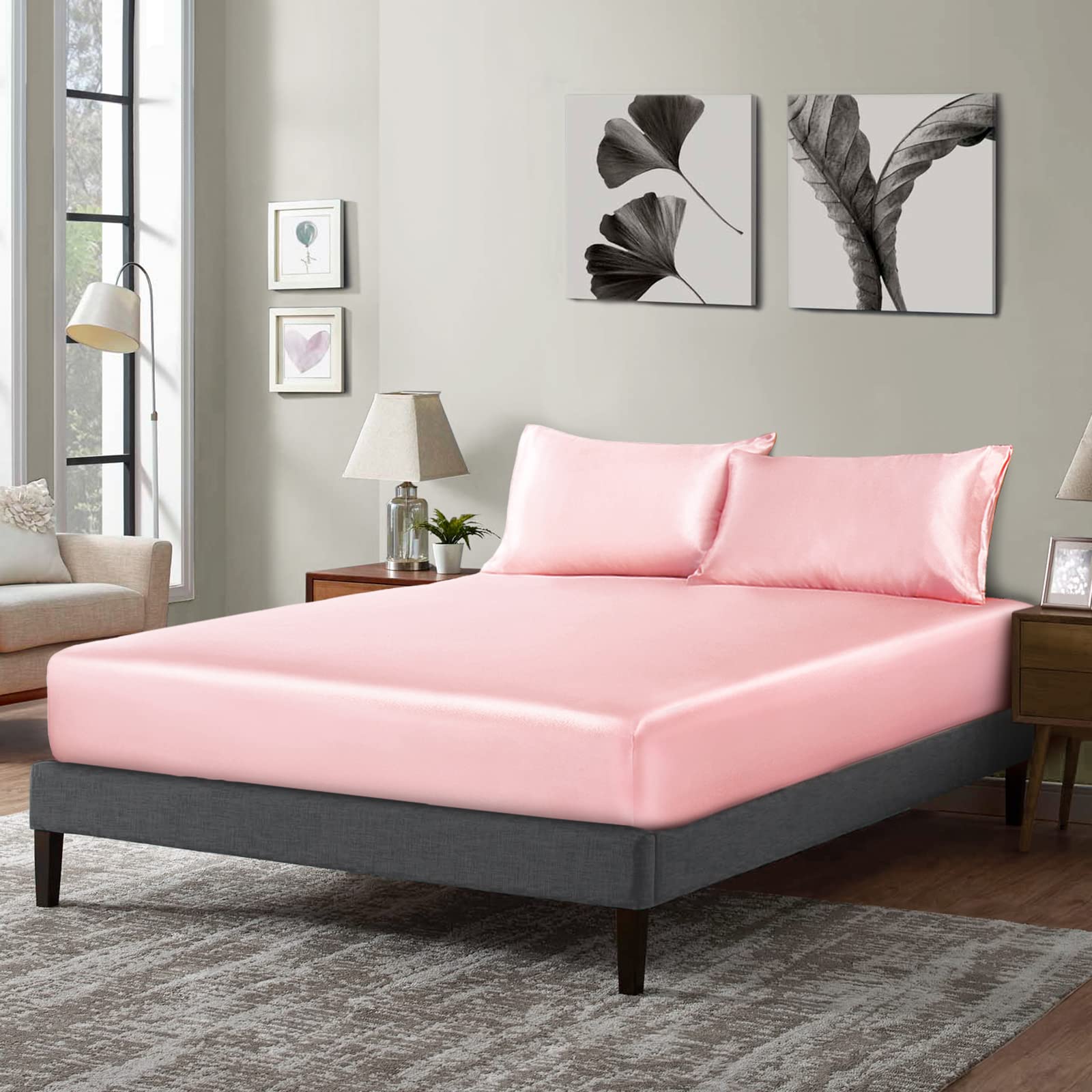 P Pothuiny Satin Fitted Sheet, Silky King Fitted Sheet Only, Blush Pink Fitted Sheet Ultra Soft Deep Pocket Bottom Bed Sheets Si