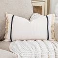 Carrie Home Cream White Boho Striped Lumbar Pillow Cover 12X20 With Tassels 1 Pack, Neutral Decor White Throw Pillow Covers 12 X
