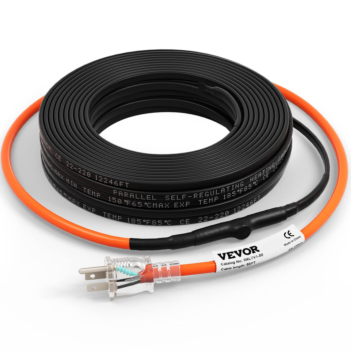 VEVOR Self-Regulating Pipe Heating Cable, 80-feet 5W/ft Heat Tape for Pipes Freeze Protection, Protects PVC Hose, Metal and Plas