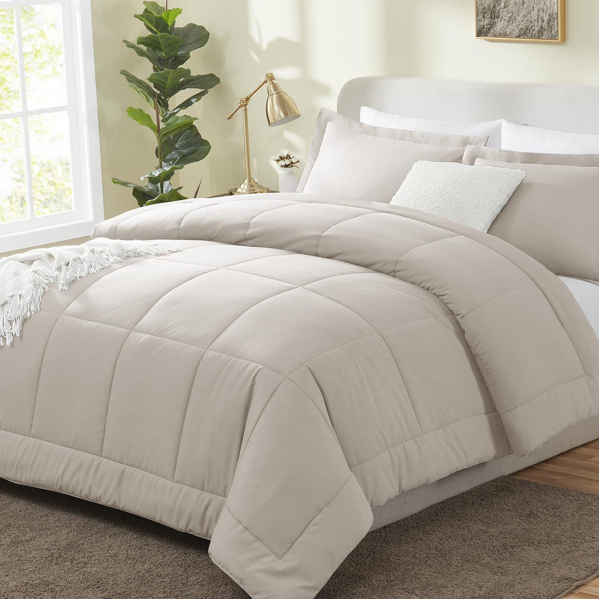 Cozylux Full Size Comforter Sets - Beige Comforter Full Size, 3 Pieces Box Stitched Soft Lightweight Bed Set, All Season Bedding Sets With 1 Down Alternative Comforter And 2 Pillow Shams, Beige