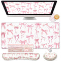 Relaxweex 4 Pcs Pink Bow Keyboard Mat And Mouse Pad Set Coquette Desk Mat Bowknot Mouse Pad With Wrist Rest Cute Keyboard Wrist