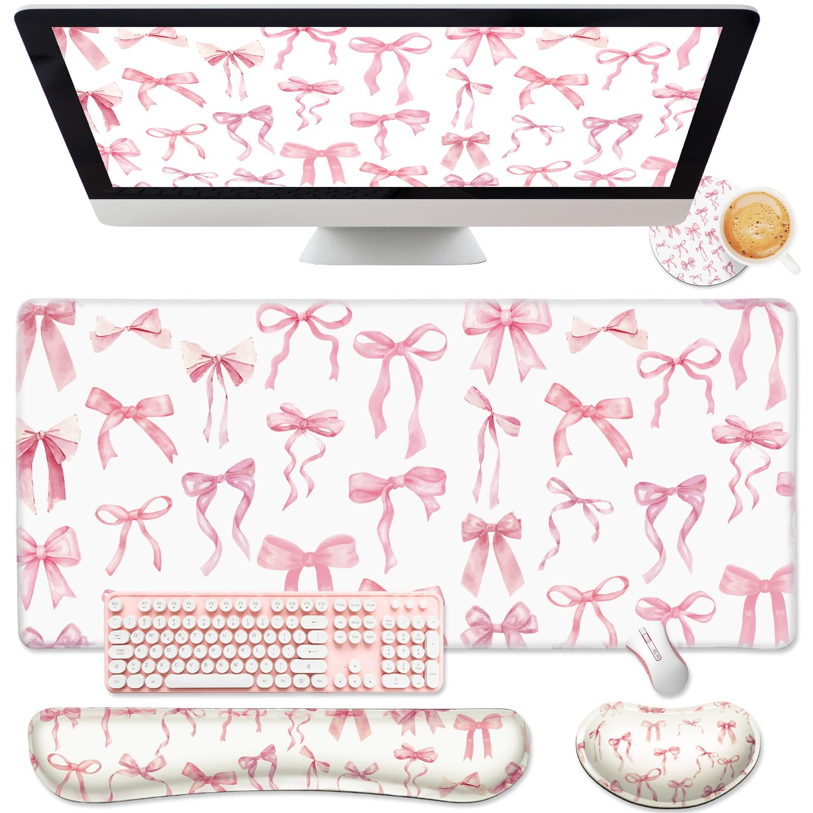 Relaxweex 4 Pcs Pink Bow Keyboard Mat And Mouse Pad Set Coquette Desk Mat Bowknot Mouse Pad With Wrist Rest Cute Keyboard Wrist