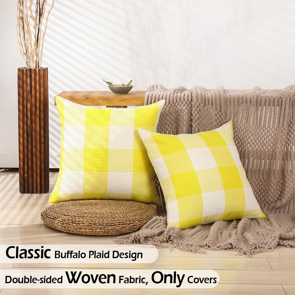 Carrie Home Yellow Buffalo Plaid Summer Outdoor Pillow Covers 18X18 Set Of 2, Yellow Checkered Decorative Couch Pillow Covers 18