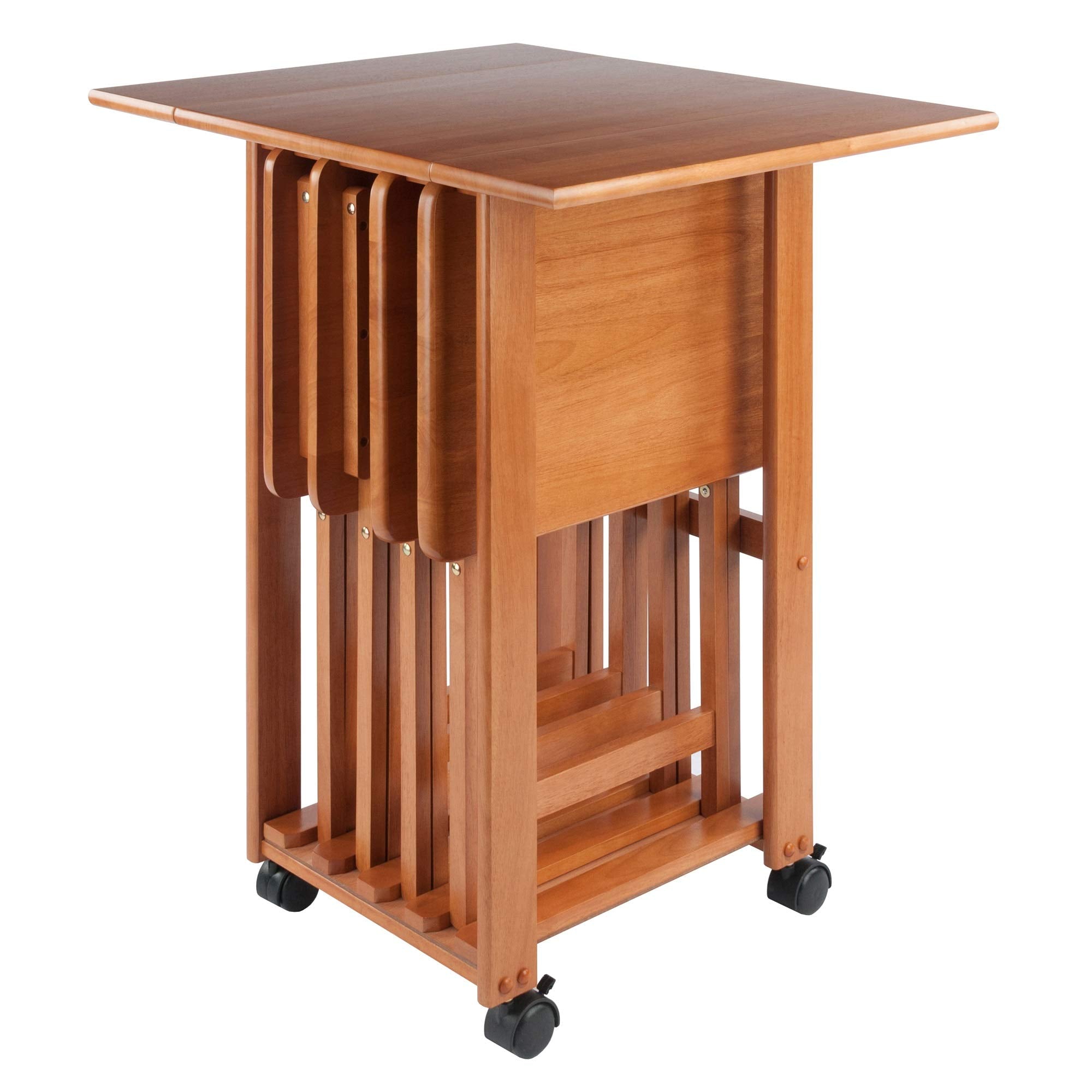 Ergode Wood Sophia 5-Piece Snack Table Set | Folding Tables with Stand - Perfect for Dining and Everyday Use