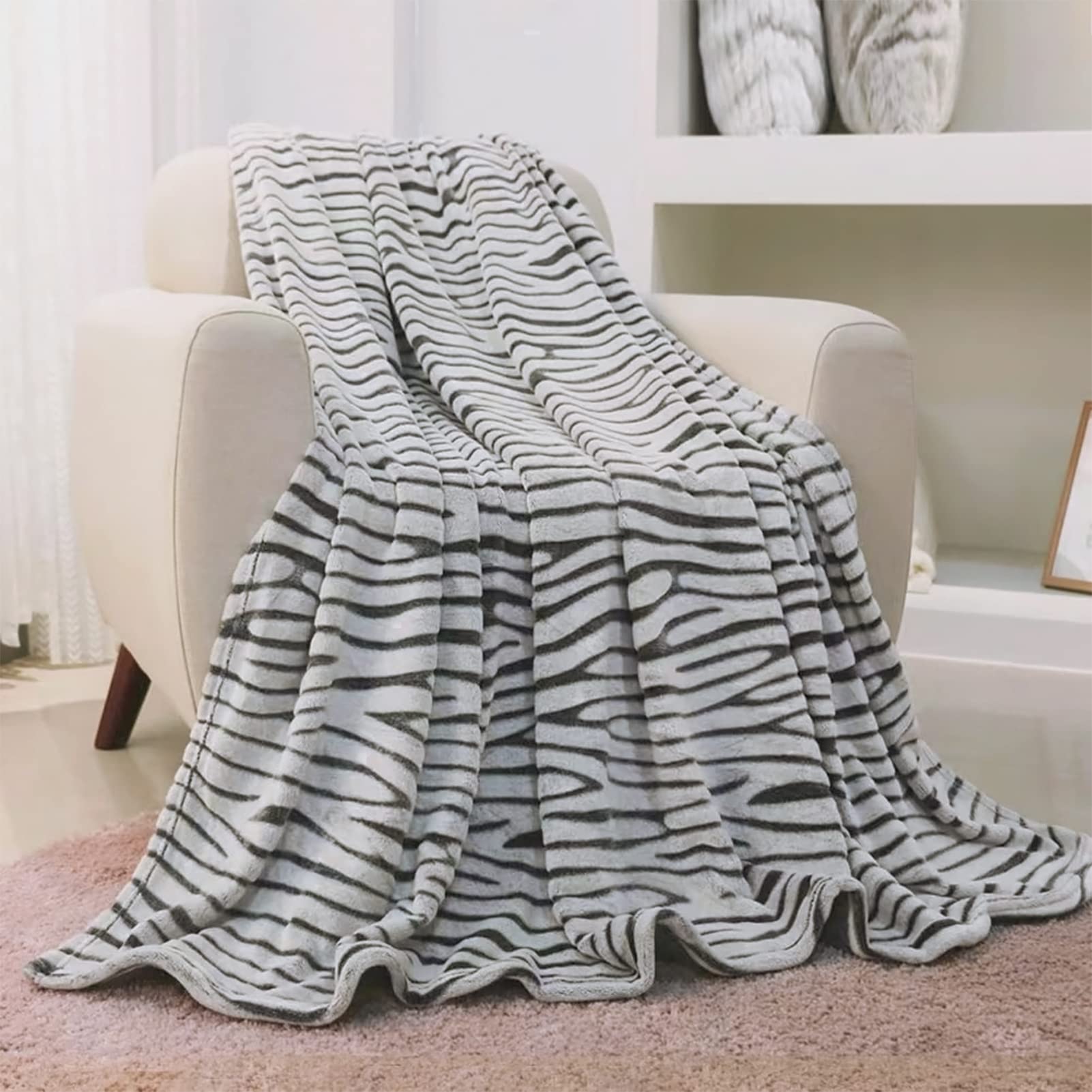Fy Fiber House Flannel Fleece Throw Microfiber Blanket With 3D Zebra Print,50 By 60-Inch,Black