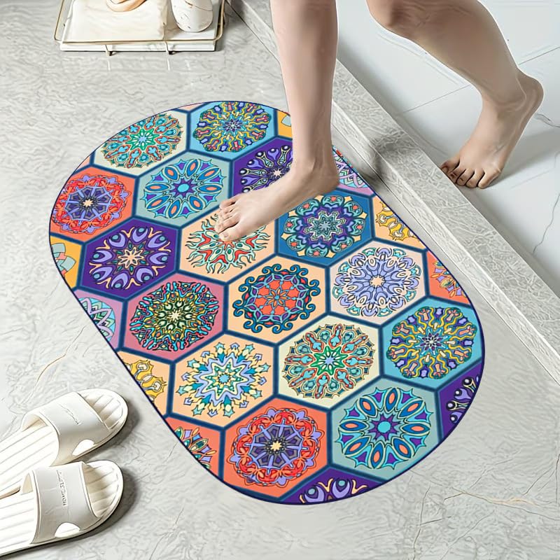 ANSHMJIMN AntiSlip Bath Mat | Colorful Hexagon Tile Design | Ultra Soft & Super Absorbent | Quick Dry Bathroom Rug with NonSki