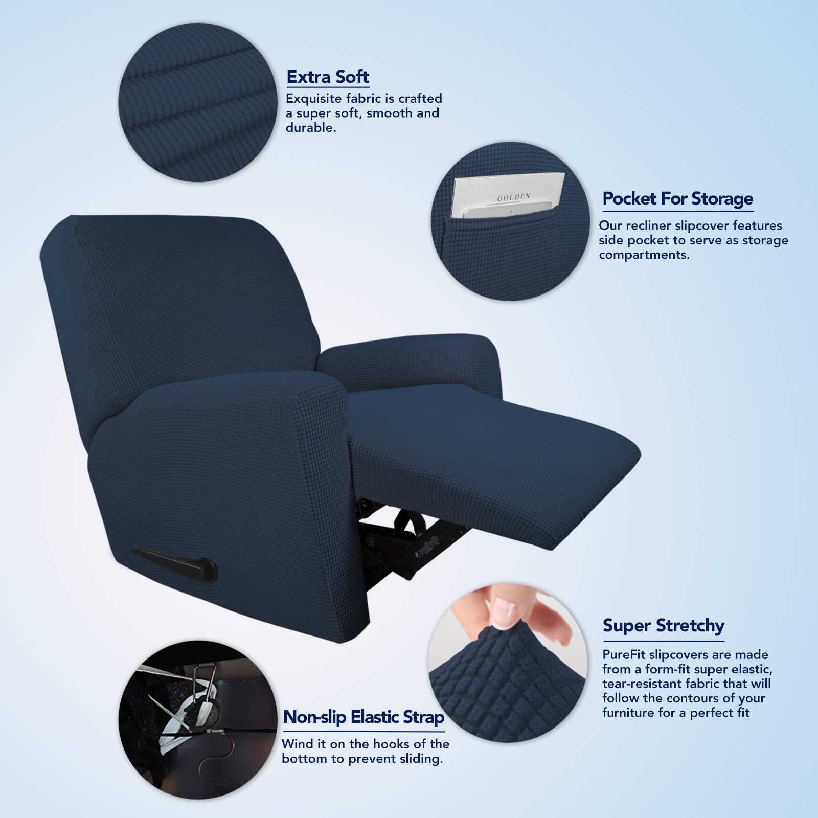 Purefit Stretch Recliner Sofa Slipcover With Pocket – Spandex Jacquard Non Slip Soft Couch Sofa Cover, Washable Furniture Protector With Elastic Bottom For Kids (Recliner, Dark Blue)
