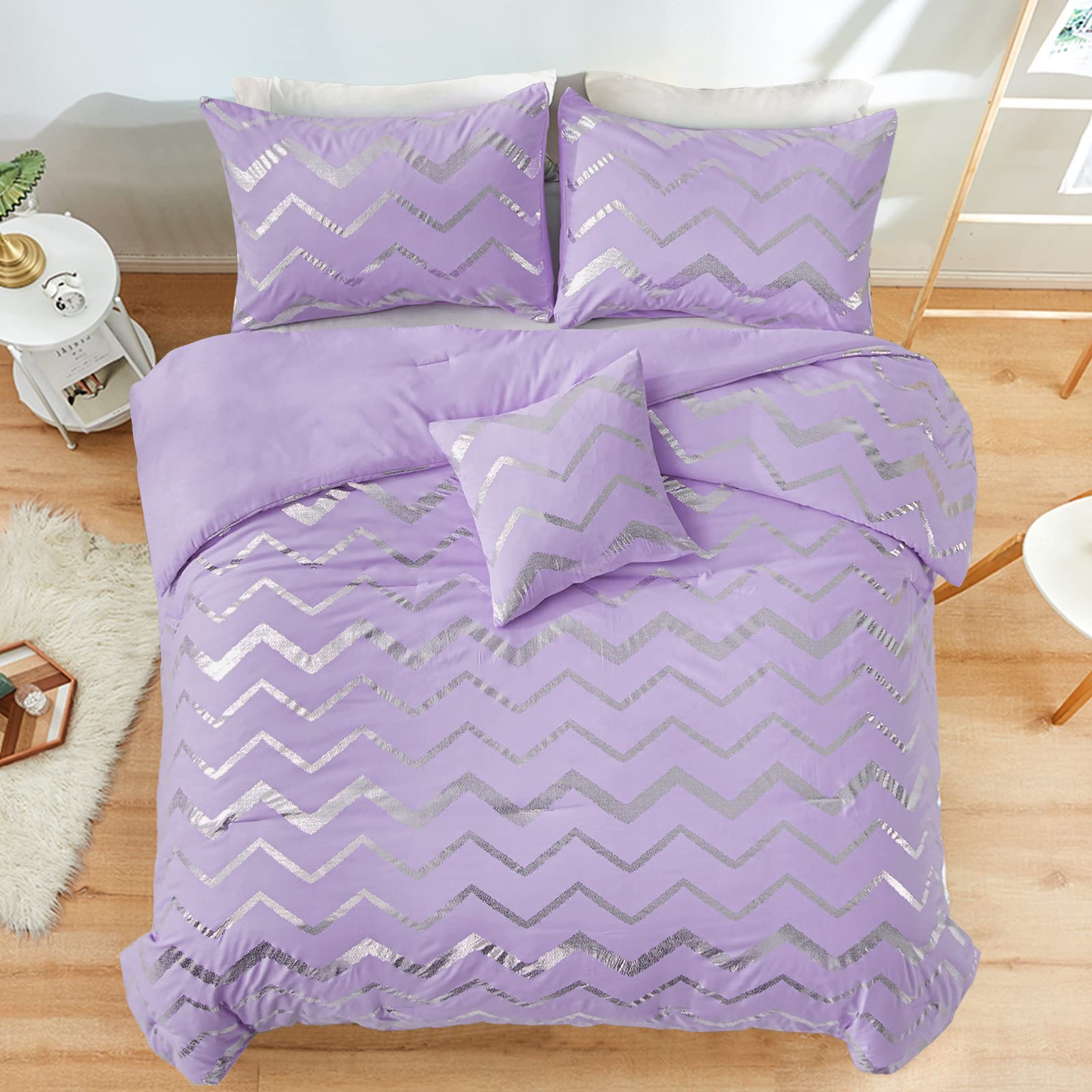 Menghomeus Purple/Silver Comforter Set Twin Lavender Metallic Print Glitter Bedding Set Cute Shinny Lilac Bed Sets For Teen Girl