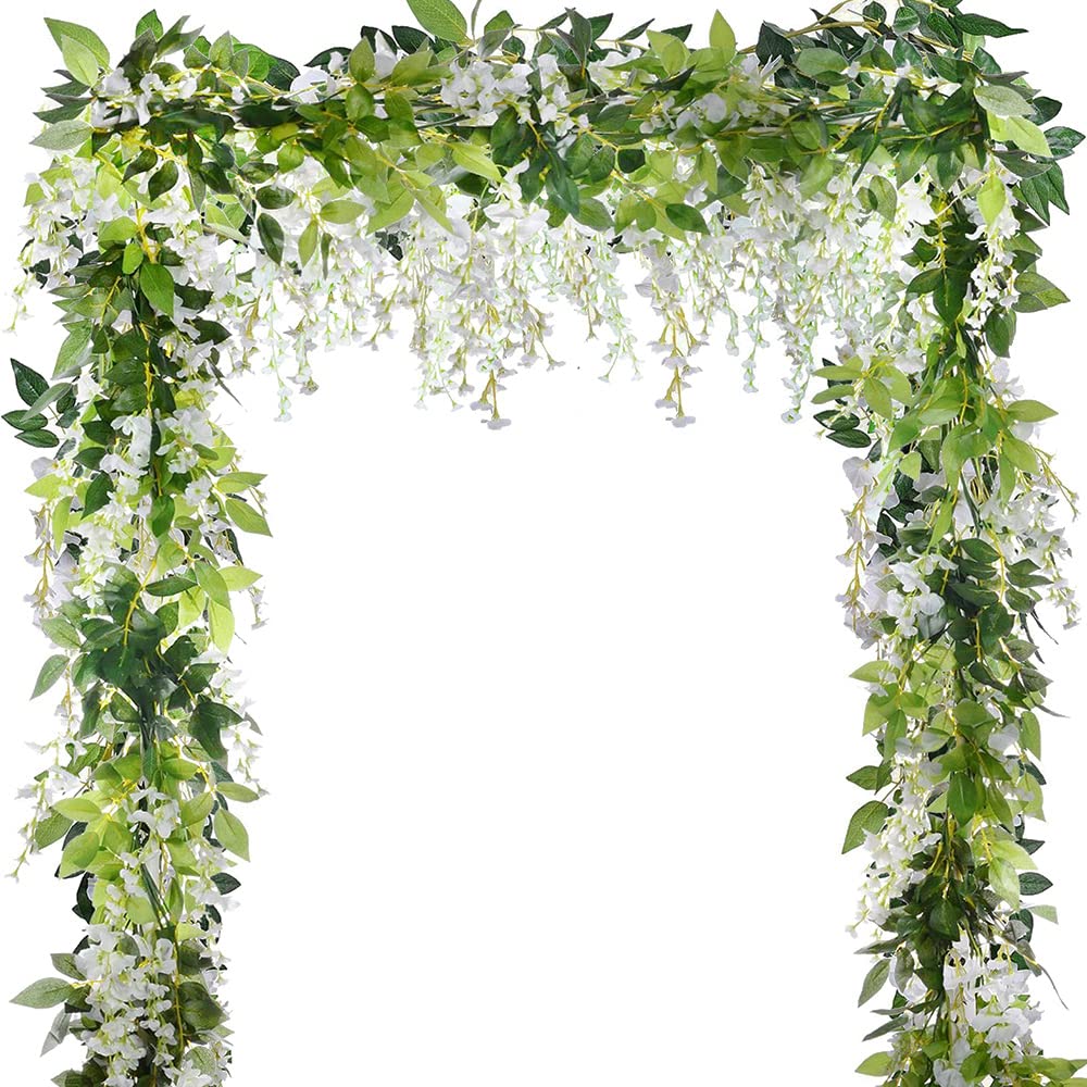 Onetoy Wisteria Garland Flower Vines Wisteria Vines Artificial Wisteria Hanging Flowers Garland - 5pcs Total 33ft (White)