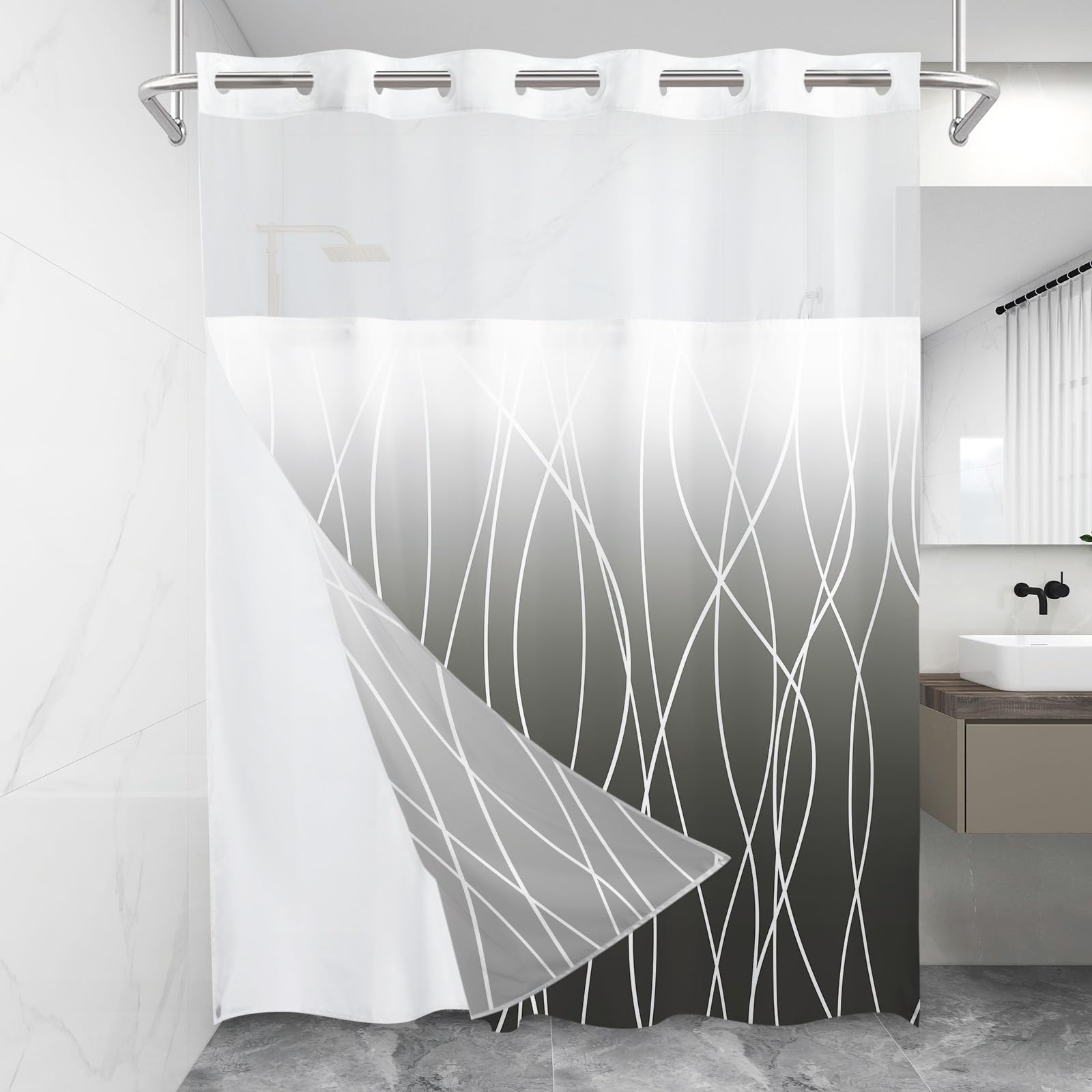 LXBNI No Hook Ombre Dark Grey Striped Shower Curtain with Snap in Fabric Liner Set - Hotel Shower Curtain and Liner Set with See