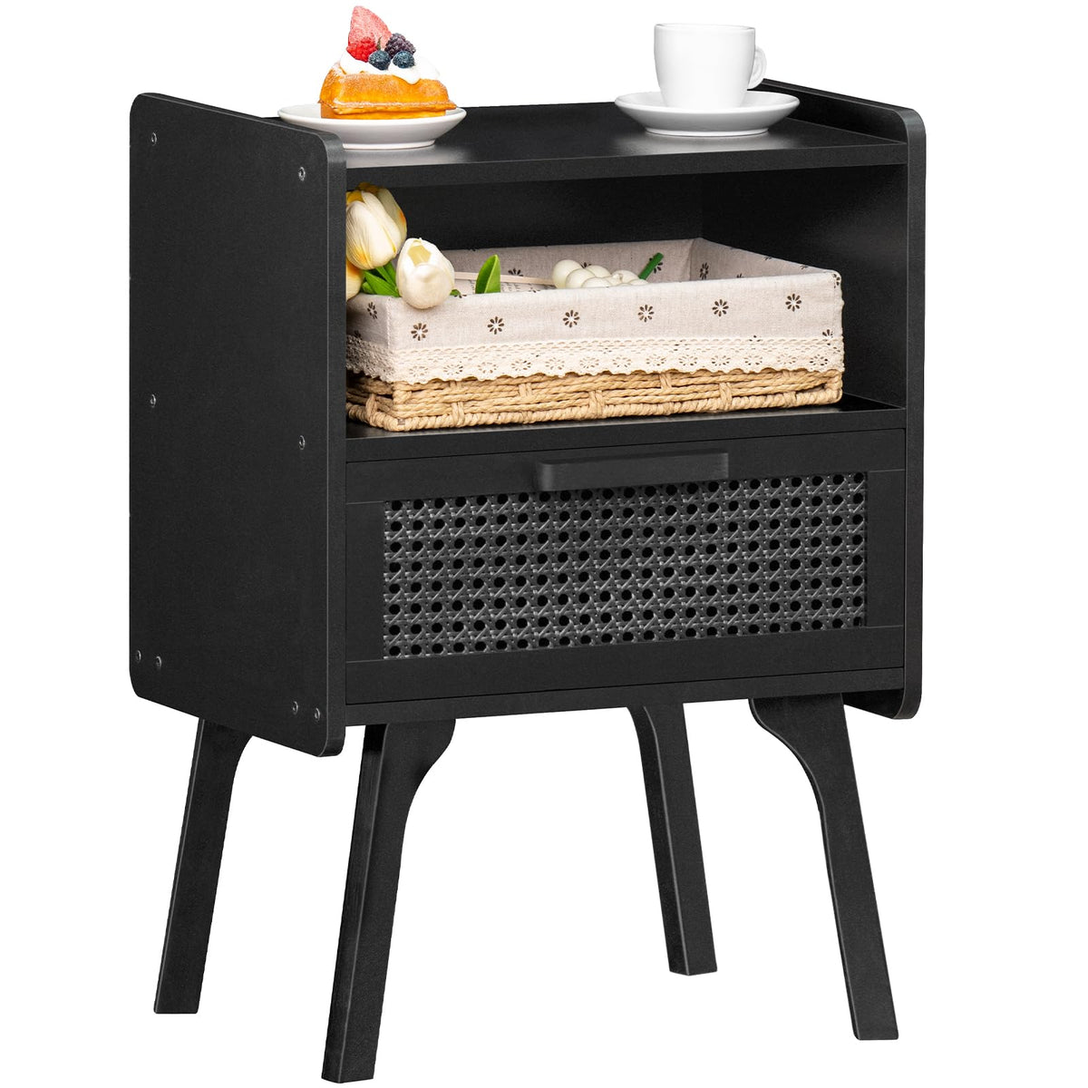 Lerliuo Rattan Nightstand, Side Table With Drawer Open Shelf, Cane Accent Bedside End Table With Solid Wood Legs, Mid Century Modern Night Stand For Bedroom, Dorm And Small Spaces (Black)