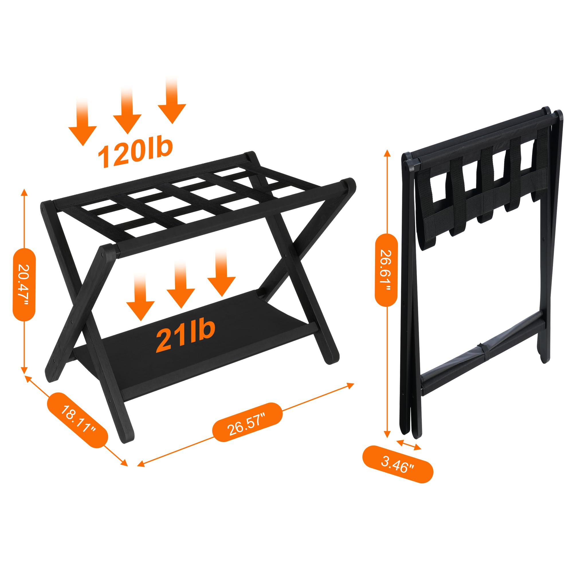 Heybly Luggage Rack, Folding Suitcase Stand With Storage Shelf, Heavy-Duty Luggage Holder For Guest Room Bedroom Hotel, Holds Up