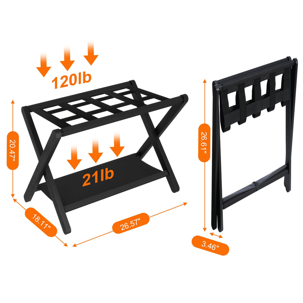 Heybly Luggage Rack, Folding Suitcase Stand With Storage Shelf, Heavy-Duty Luggage Holder For Guest Room Bedroom Hotel, Holds Up