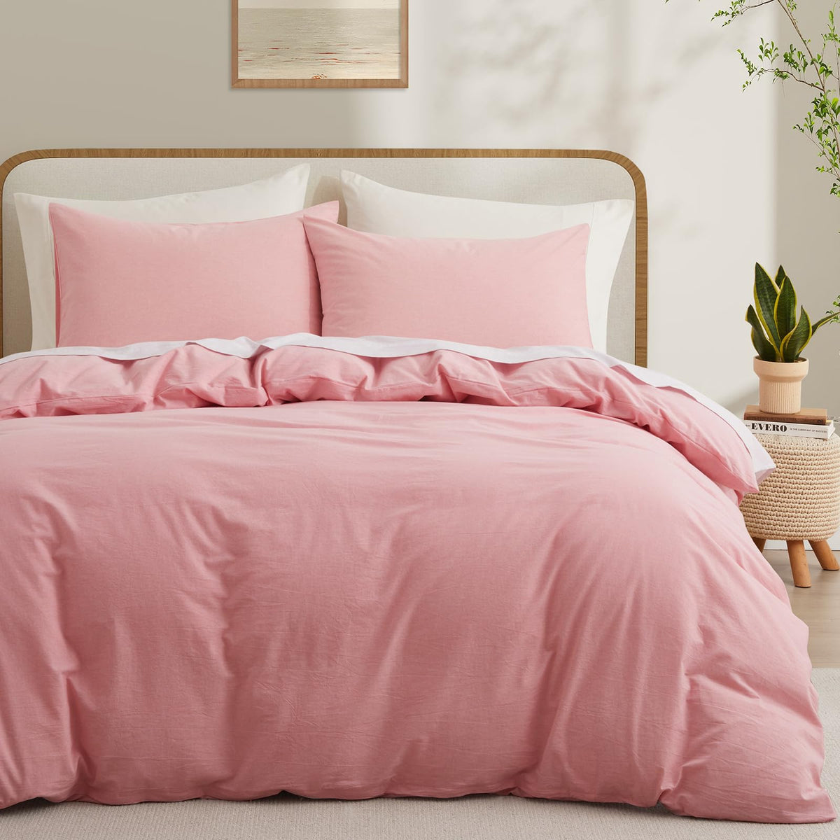 Lovque Pink Duvet Cover Full Size, 100% Washed Cotton Linen Like Bedding Set With Zipper Closure (No Comforter), 80X90 Inches