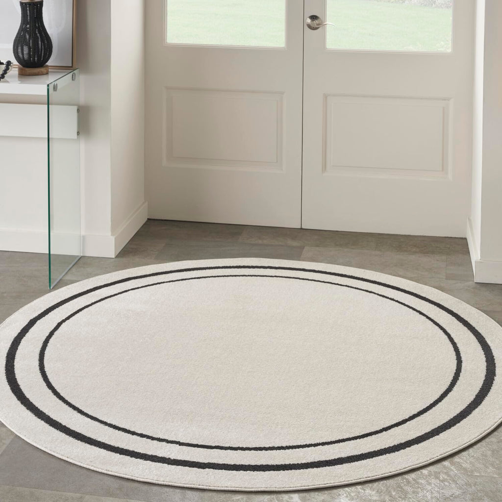 Nourison Essentials Indoor/Outdoor Ivory/Black 8' X Round Area -Rug, Easy -Cleaning, Non Shedding, Bed Room, Living Room, Dining