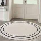Nourison Essentials Indoor/Outdoor Ivory/Black 8' X Round Area -Rug, Easy -Cleaning, Non Shedding, Bed Room, Living Room, Dining