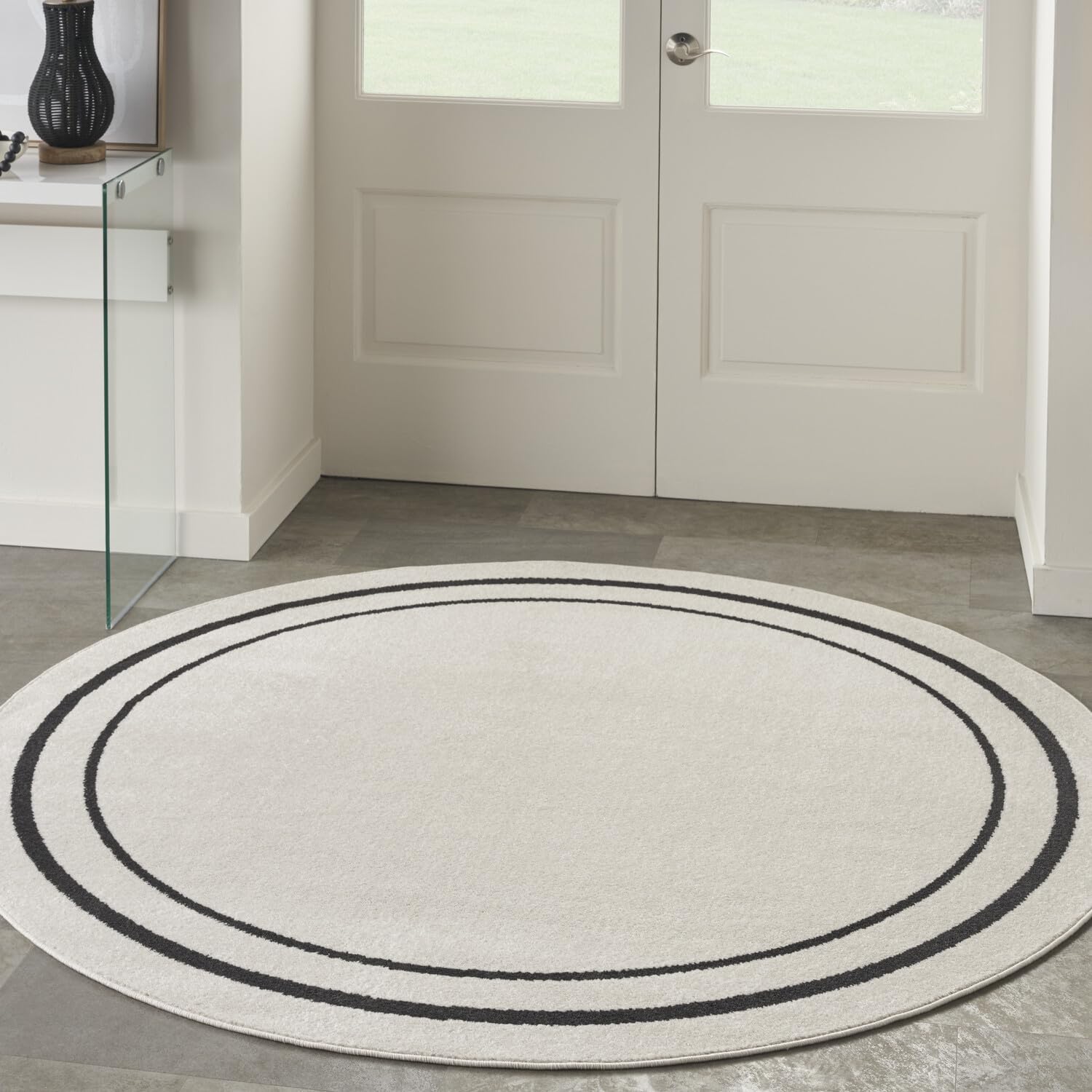 Nourison Essentials Indoor/Outdoor Ivory/Black 8' X Round Area -Rug, Easy -Cleaning, Non Shedding, Bed Room, Living Room, Dining