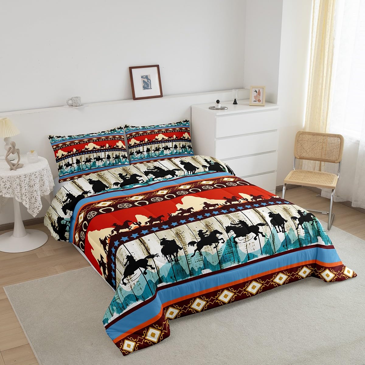Feelyou Kids Queen Aztec Red Comforter Queen Size, Southwestern Cowboys Comforter Set For Boys Girls Horse Bedding Set Boho Trib