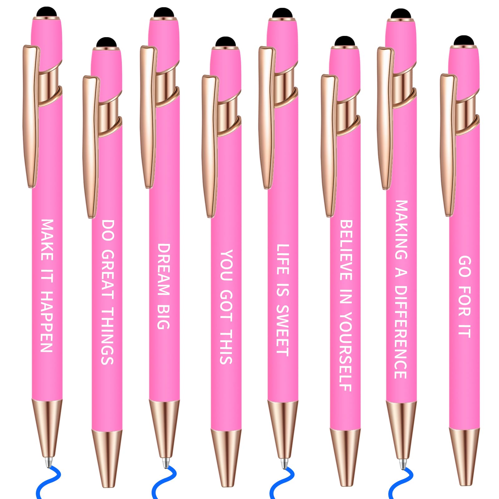Lragvtbk 8 Pcs Blue Ink Inspirational Pens for Women Quotes Pen Metal Ballpoint Pen with Stylus tips for Office Gift (Rose red g