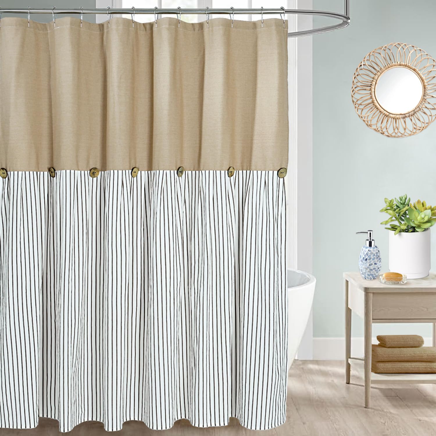 Dosly Id  Es Farmhouse Shower Curtain,Camel And Brown Stripe,Button Curtain,Cotton Woven And Cotton Blend Fabric,Rustic Charm Co