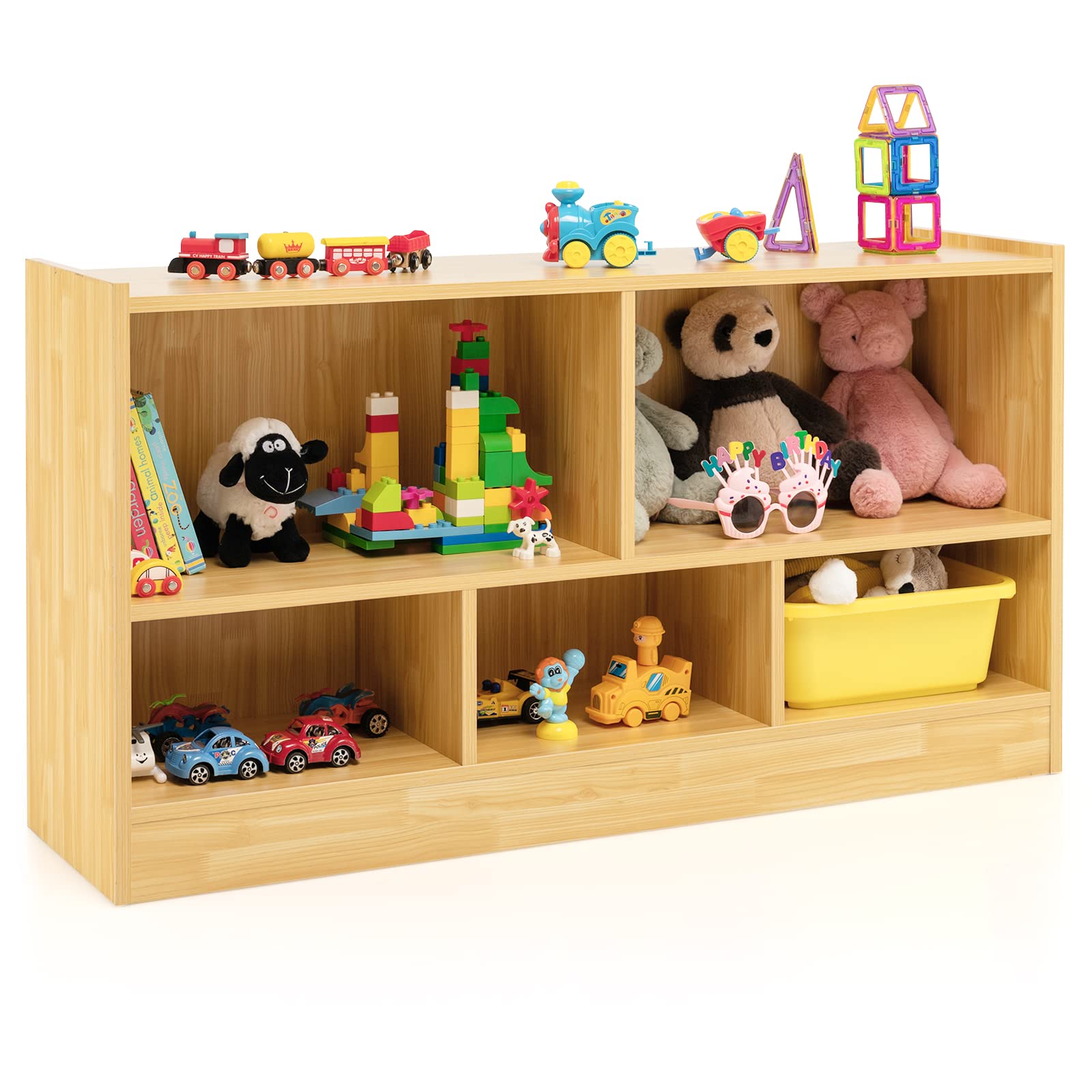 Costzon Toy Storage Organizer For Kids, 5-Section School Classroom Storage Cabinet For Organizing Books Toys, Wooden Bookshelf Daycare Furniture For Playroom, Kids Room, Kindergarten (Burlywood)