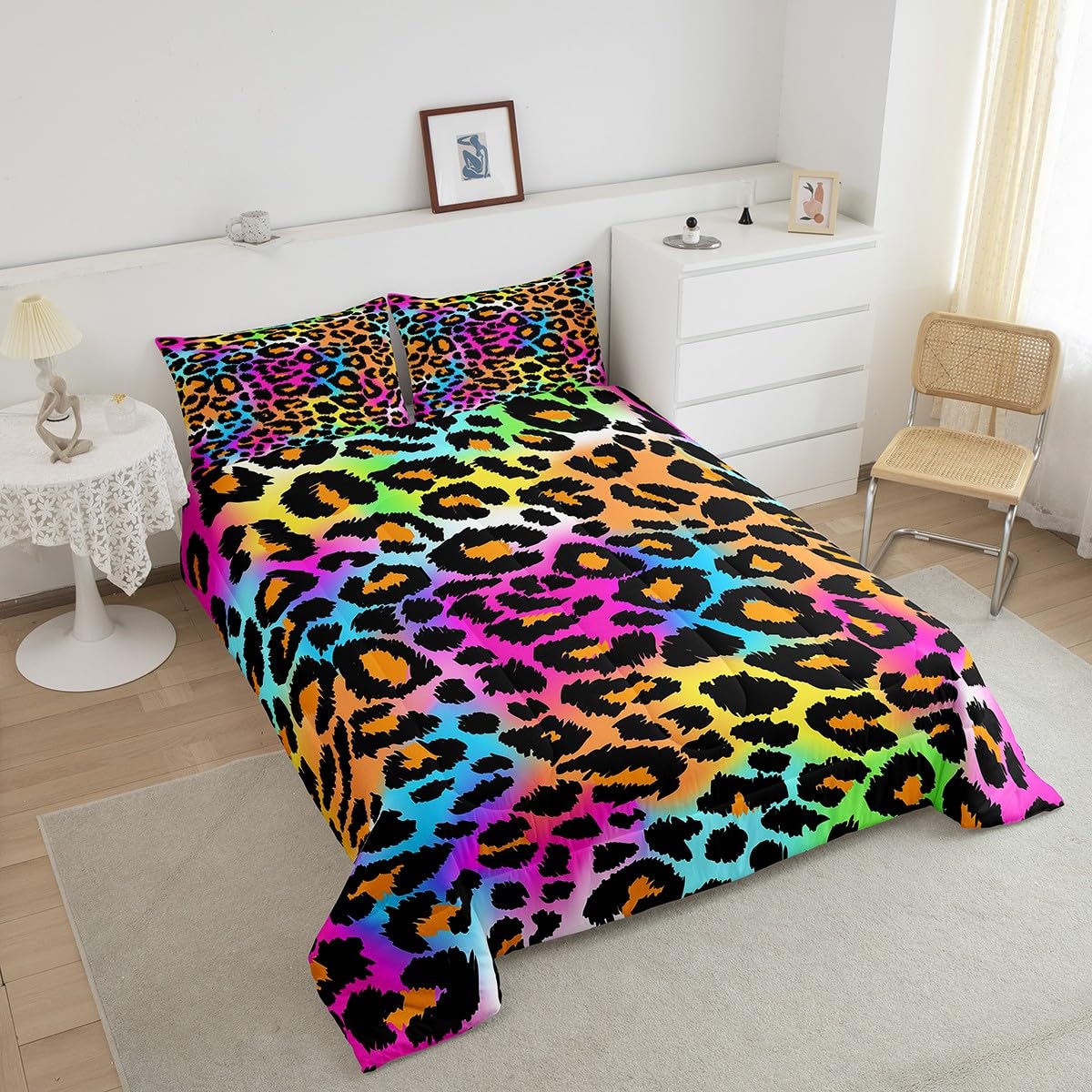 Leopard Print Comforter Set For Girls Kids Women Neon Rainbow Leopard Fur Bedding Set Mottled Exotic Panthera Skin Comforter Room Decor Colorful Camouflage Safari Theme Duvet Set Queen Size Quilt Set