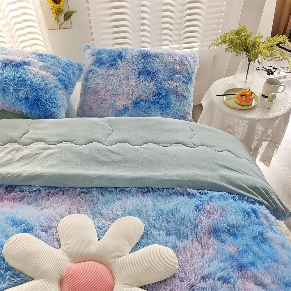 Chovy Faux Fur Plush Tie-Dyed Blue Comforter Sets Twin/Full Size - Ultra Soft Shaggy Flannel Velvet Fluffy Fuzzy 3Pc Bedding Set
