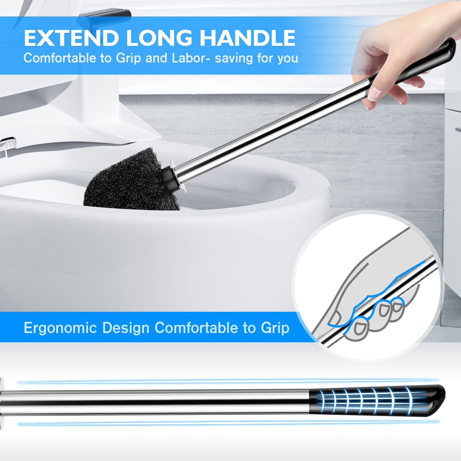 Ixo Toilet Brush And Holder 2 Pack, 304 Stainless Steel Toilet Brush With Extended And Durable Comfortable Brush Handle, Toilet