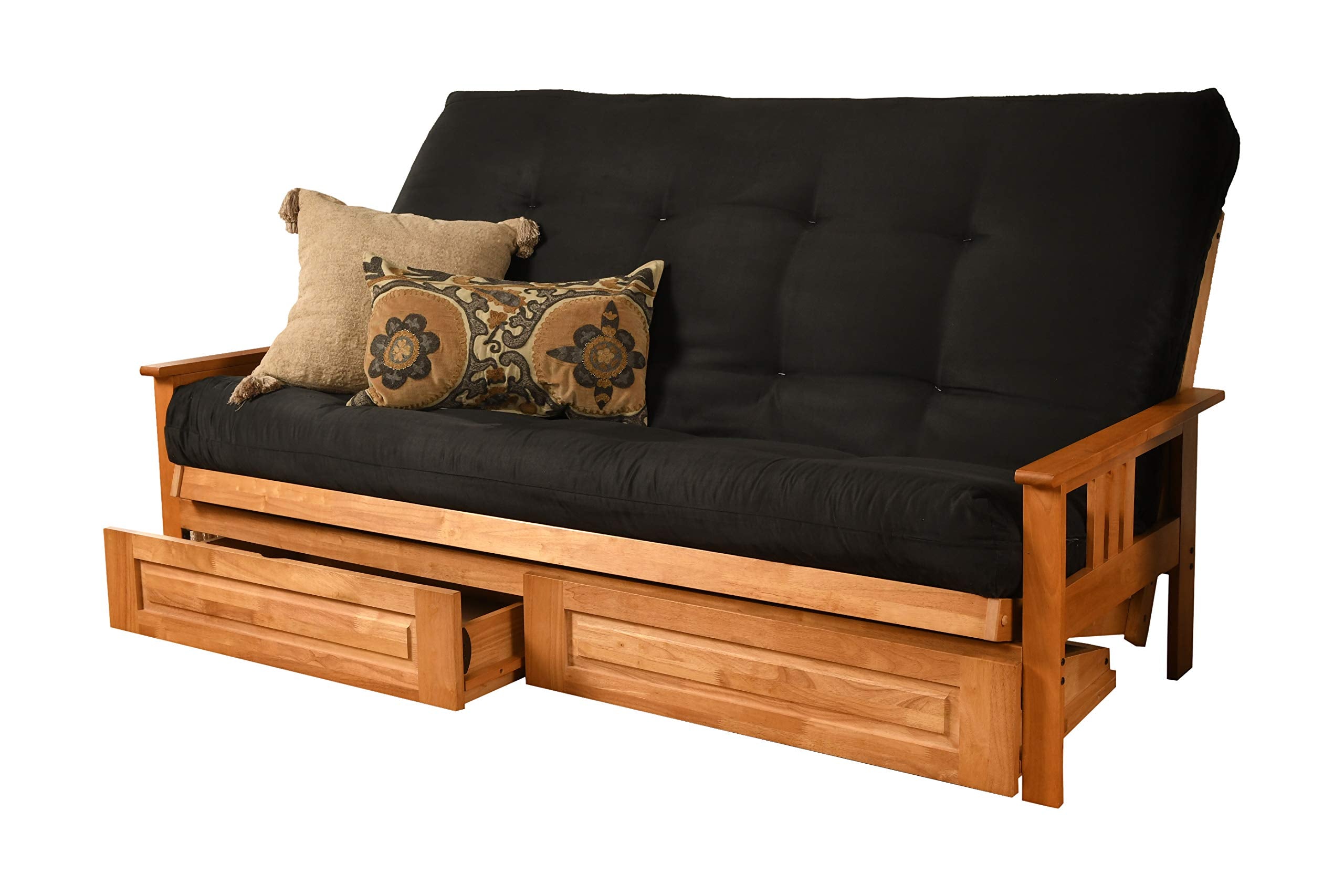 Kodiak Furniture Monterey Queen-Size Futon, Storage Drawers, Butternut Finish With Suede Black Mattress