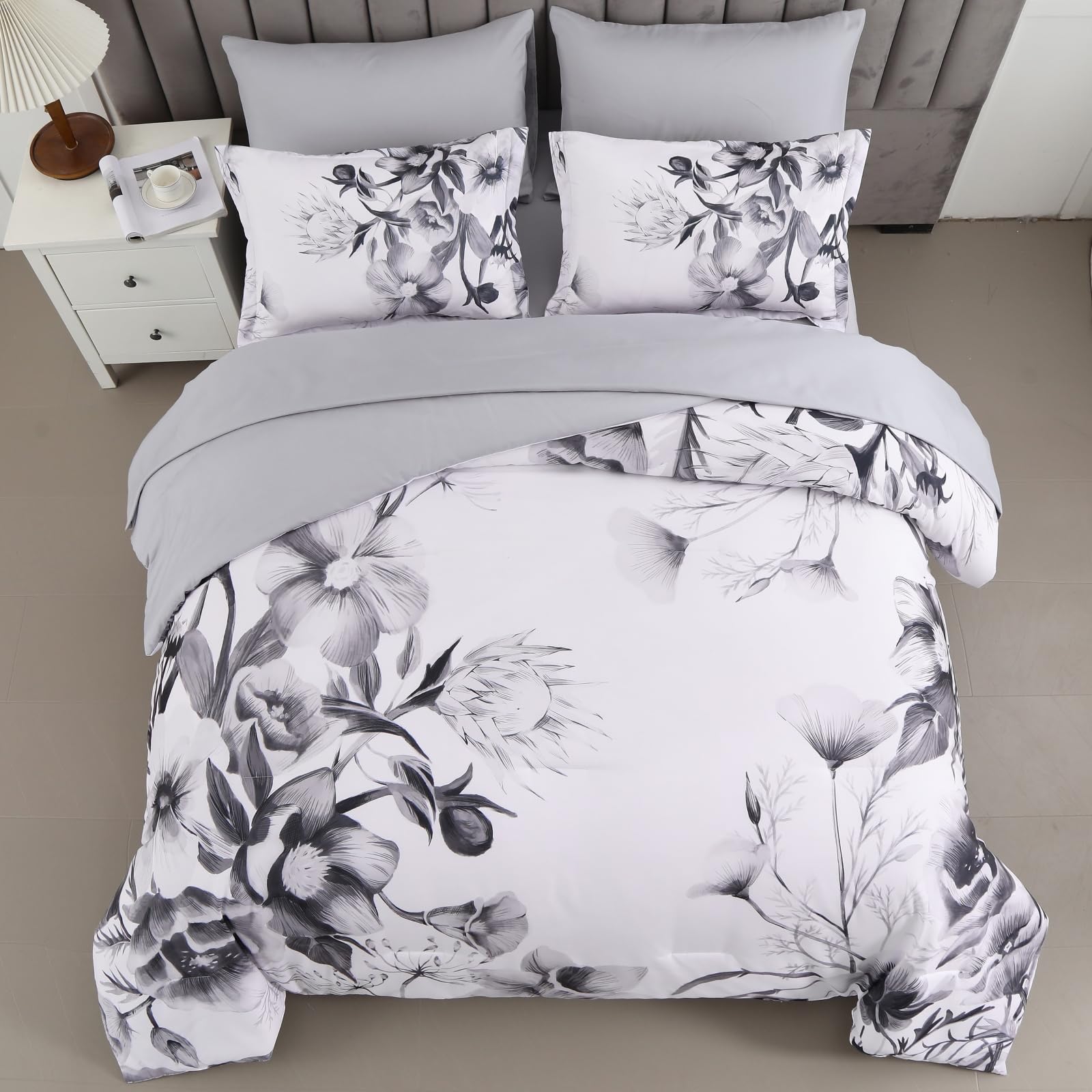 Luxudecor Floral Comforter Set King Size 7 Piece, Black Flower Bed In A Bag, Elegant Ink Comforter Bedding Set For All Season (I