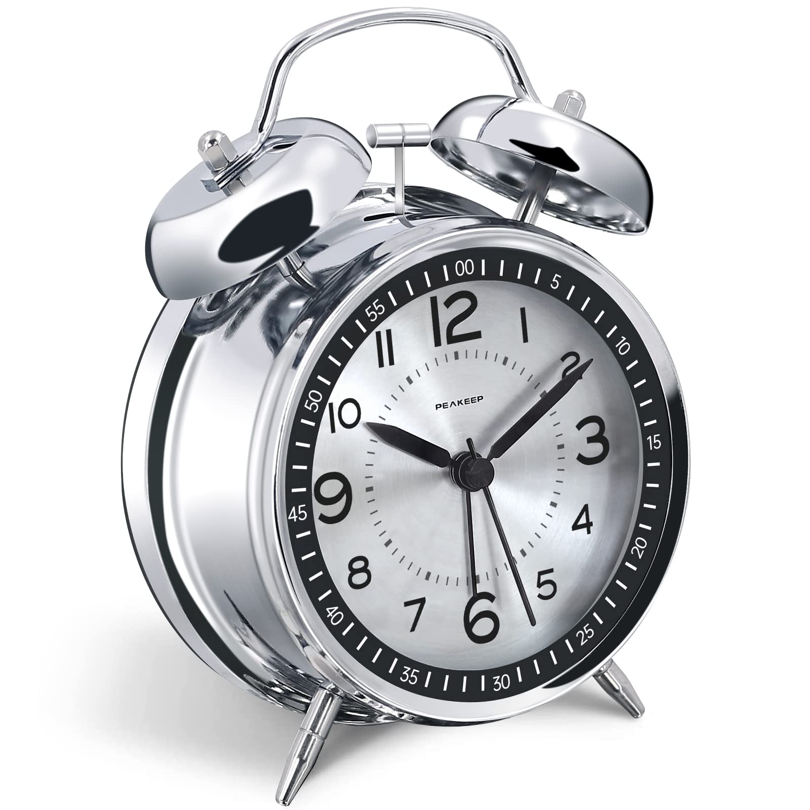Peakeep Loud Alarm Clock for Heavy Sleepers Adults, Metal 4 Inches Twin Bell Battery Operated Alarm Clocks for Bedrooms Decorati