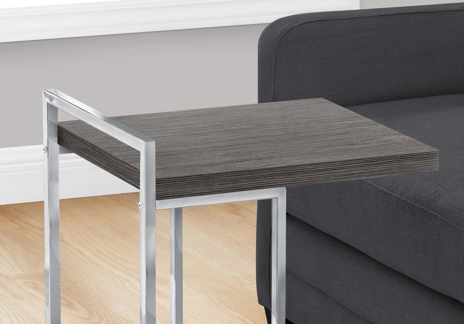 Monarch Specialties I 3637 Accent Table, C-Shaped, End, Side, Snack, Living Room, Bedroom, Metal, Laminate, Grey, Chrome, Contemporary, Modern