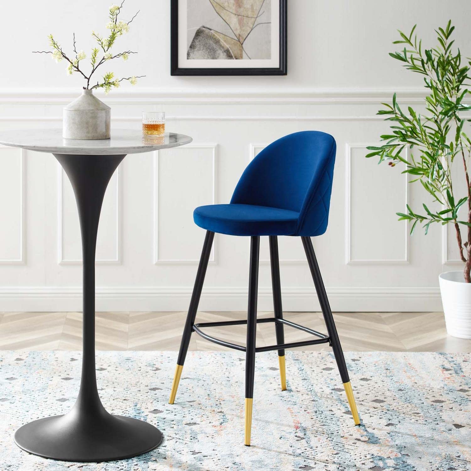 Modway Cordial Performance Velvet Dining Bar Stools in Navy - Set of 2