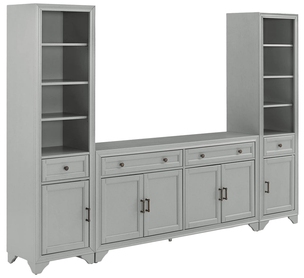 Crosley Furniture Tara 3-Piece Entertainment Center with TV Stand, Bookshelves, and Storage Shelves, Distressed Gray
