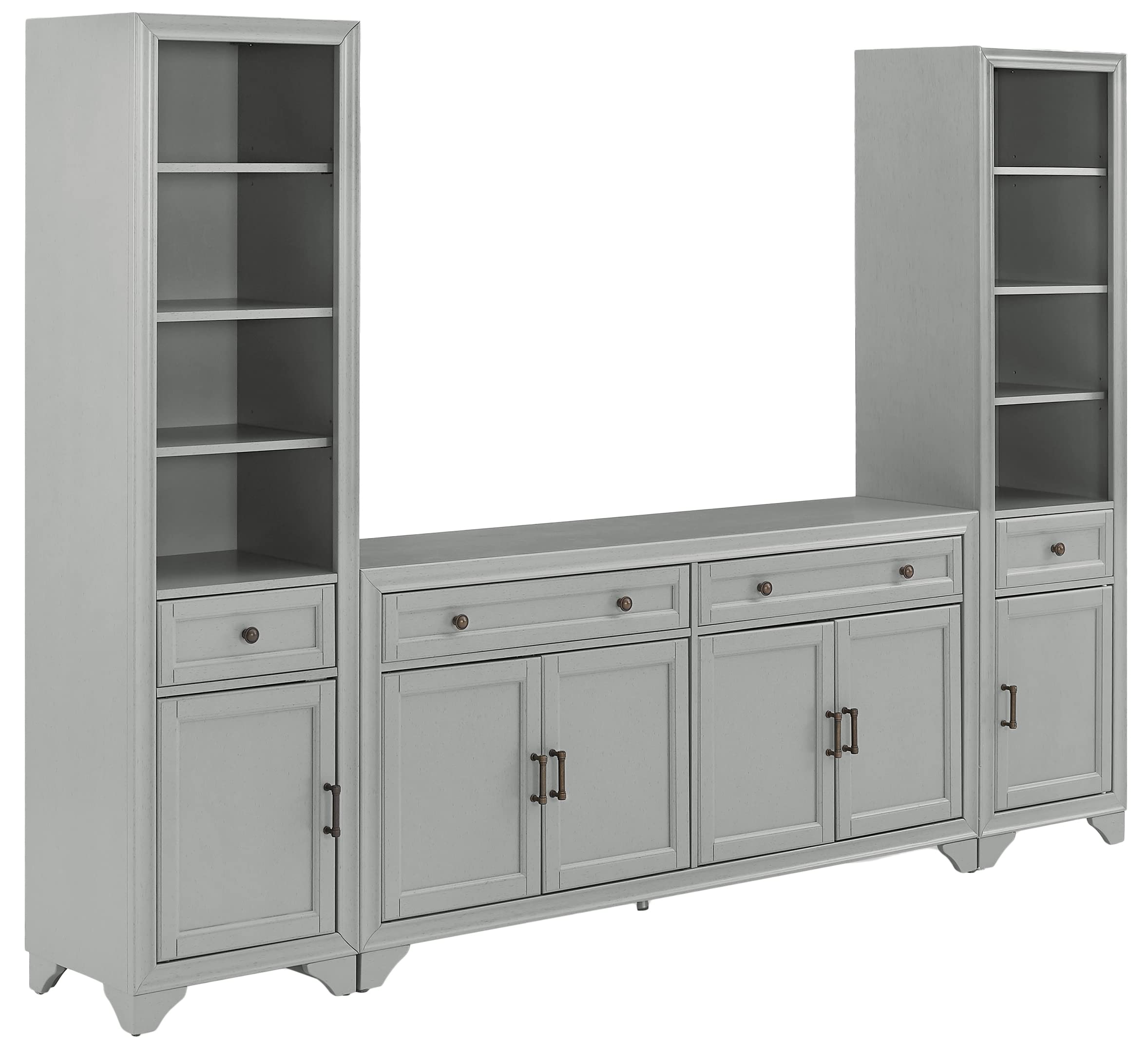 Crosley Furniture Tara 3-Piece Entertainment Center with TV Stand, Bookshelves, and Storage Shelves, Distressed Gray