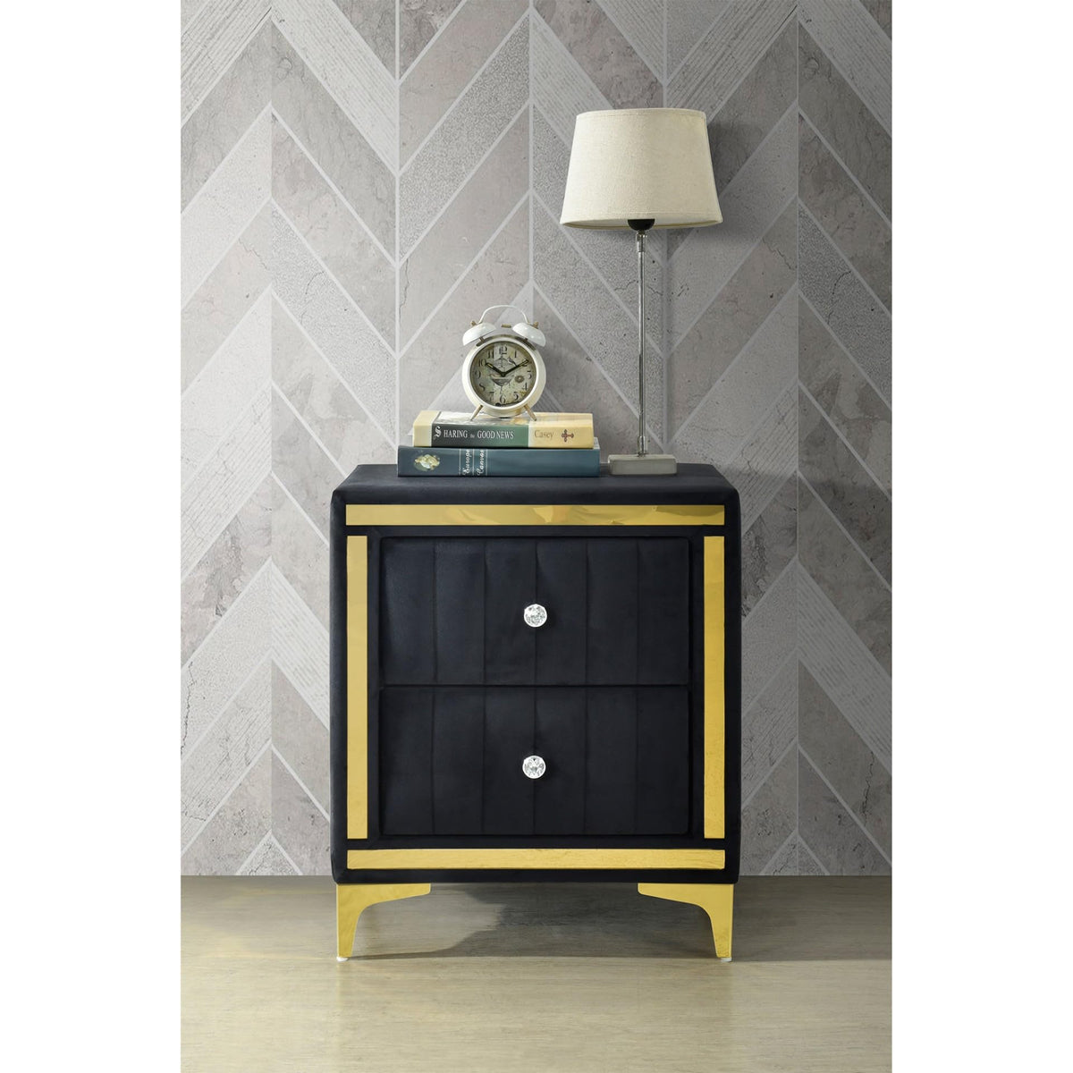 Monique Velvet Nightstand with Gold Legs and Gold Trim, Crystal knobs - Fully Assembled (Black)