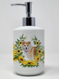 Caroline's Treasures CK2870SOAP Shiba Inu in Sunflowers Ceramic Soap Dispenser Hand Soap Dispenser Pump Bottles for Bathroom Kit