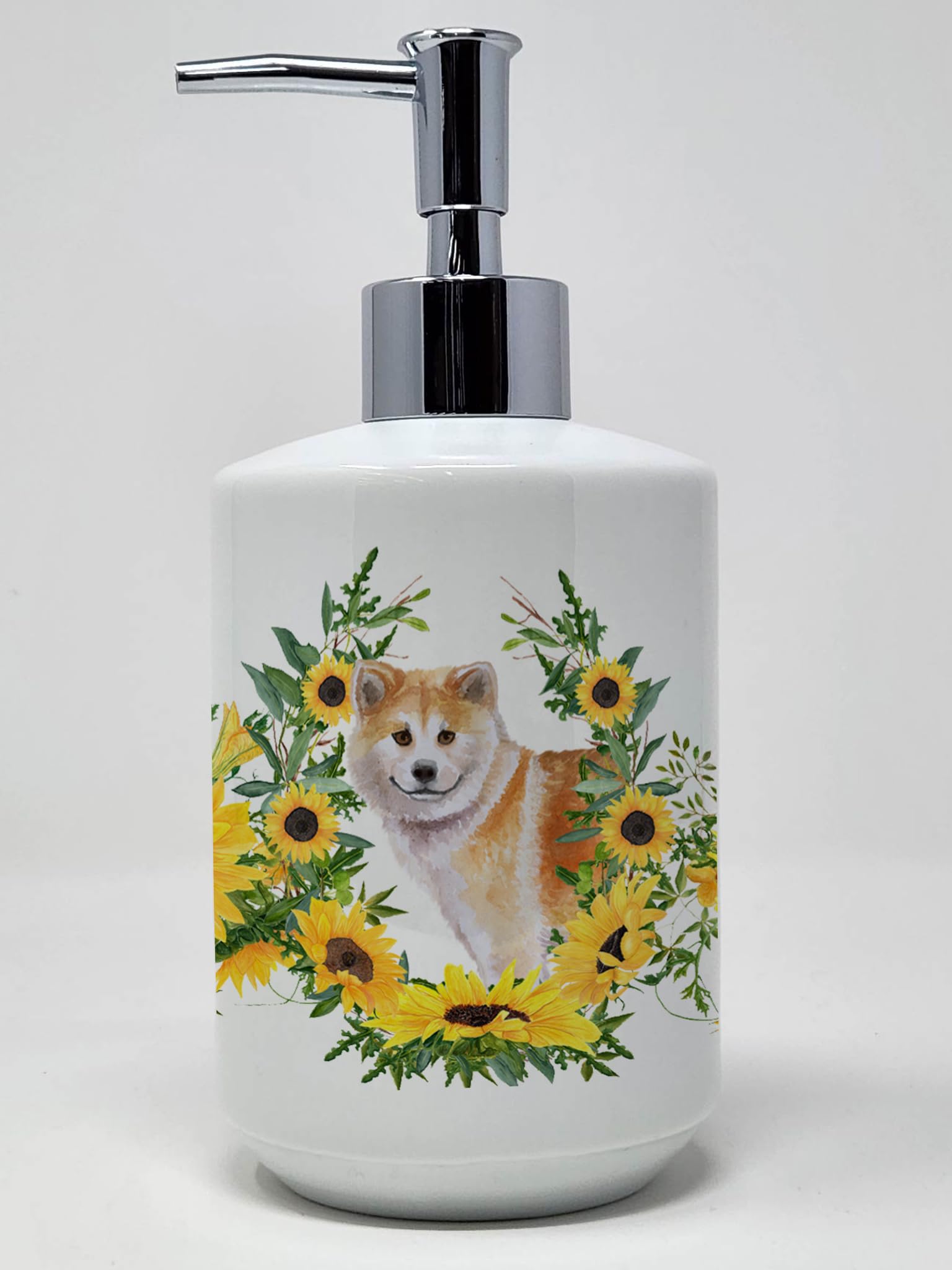 Caroline's Treasures CK2870SOAP Shiba Inu in Sunflowers Ceramic Soap Dispenser Hand Soap Dispenser Pump Bottles for Bathroom Kit