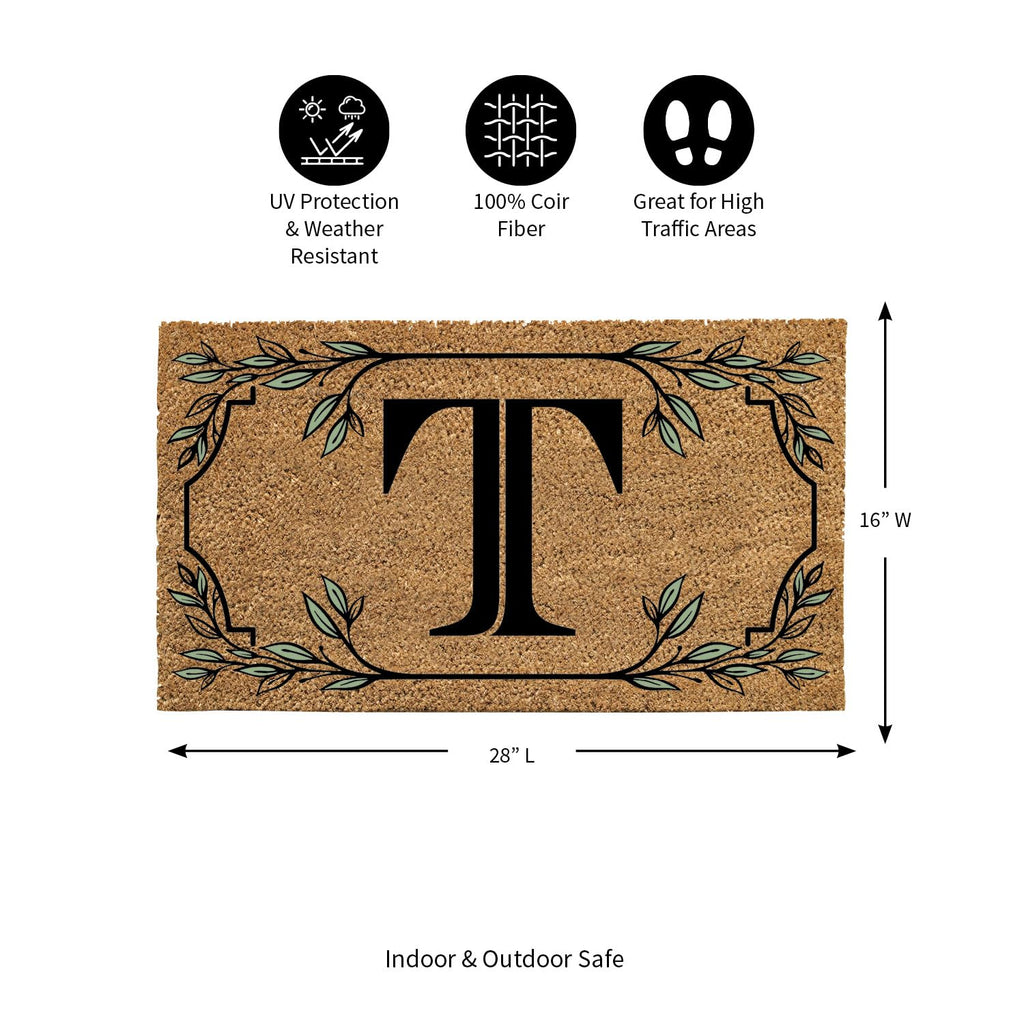 Evergreen Monogram Coir Doormat | Letter T | Front Door Mat For Outdoor Indoor Entrance | 28X16 Inches | Non-Slip Backing Doorwa