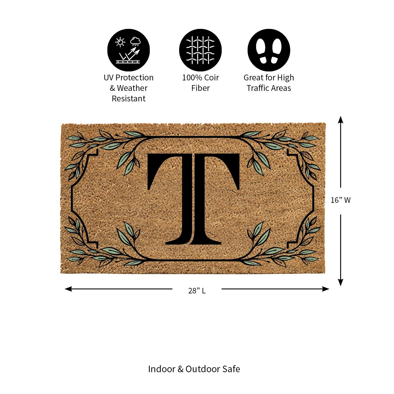 Evergreen Monogram Coir Doormat | Letter T | Front Door Mat For Outdoor Indoor Entrance | 28X16 Inches | Non-Slip Backing Doorwa