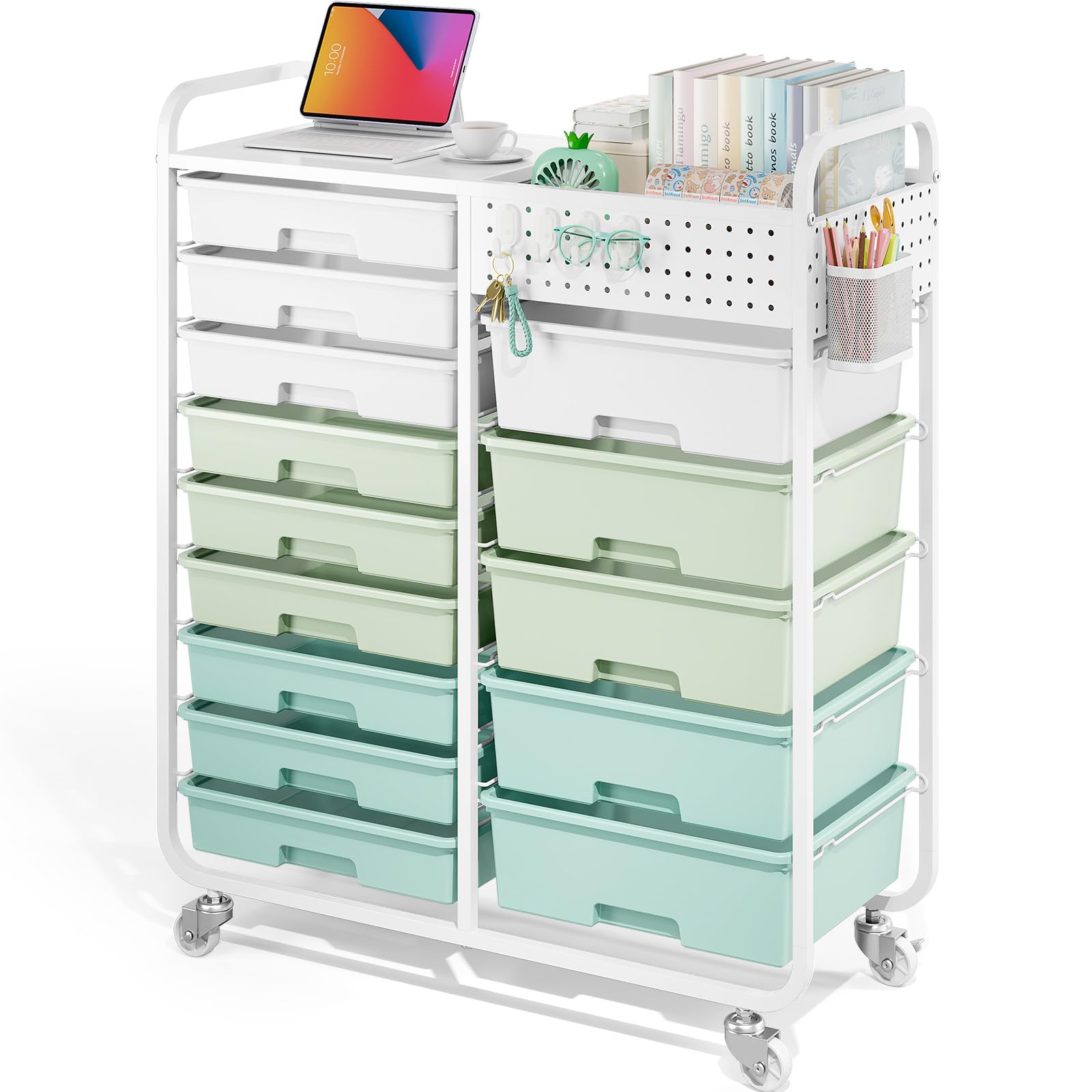 Rolling Storage Cart with 14 Drawers, Storage Organizer Cart with Tabletop and Pegboard,Utility Cart for Living Room, Classroom,