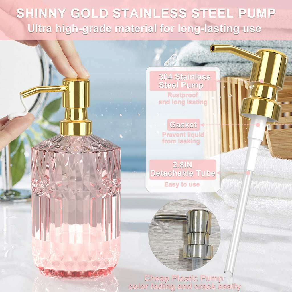 Newest Pink Bathroom Accessories Set - 5 Pcs Glass Bathroom Decor With Soap Dispenser & Soap Dish & Toothbrush Holder & Tumbler