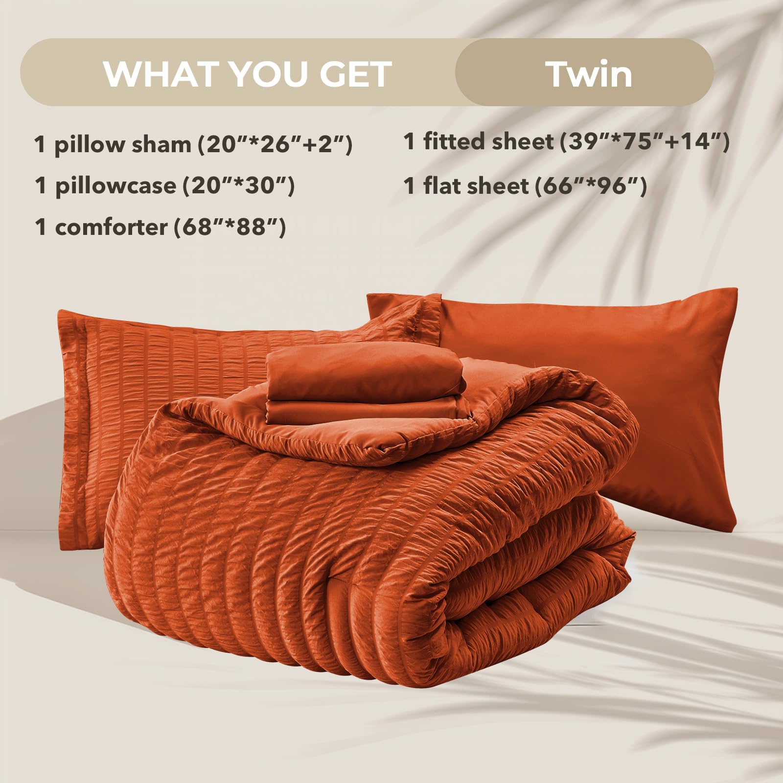Hymokege Burnt Orange Twin Comforter Set Seersucker 5 Pieces, All Season Luxury Bed In A Bag For Bedroom, Bedding Set With Comfo