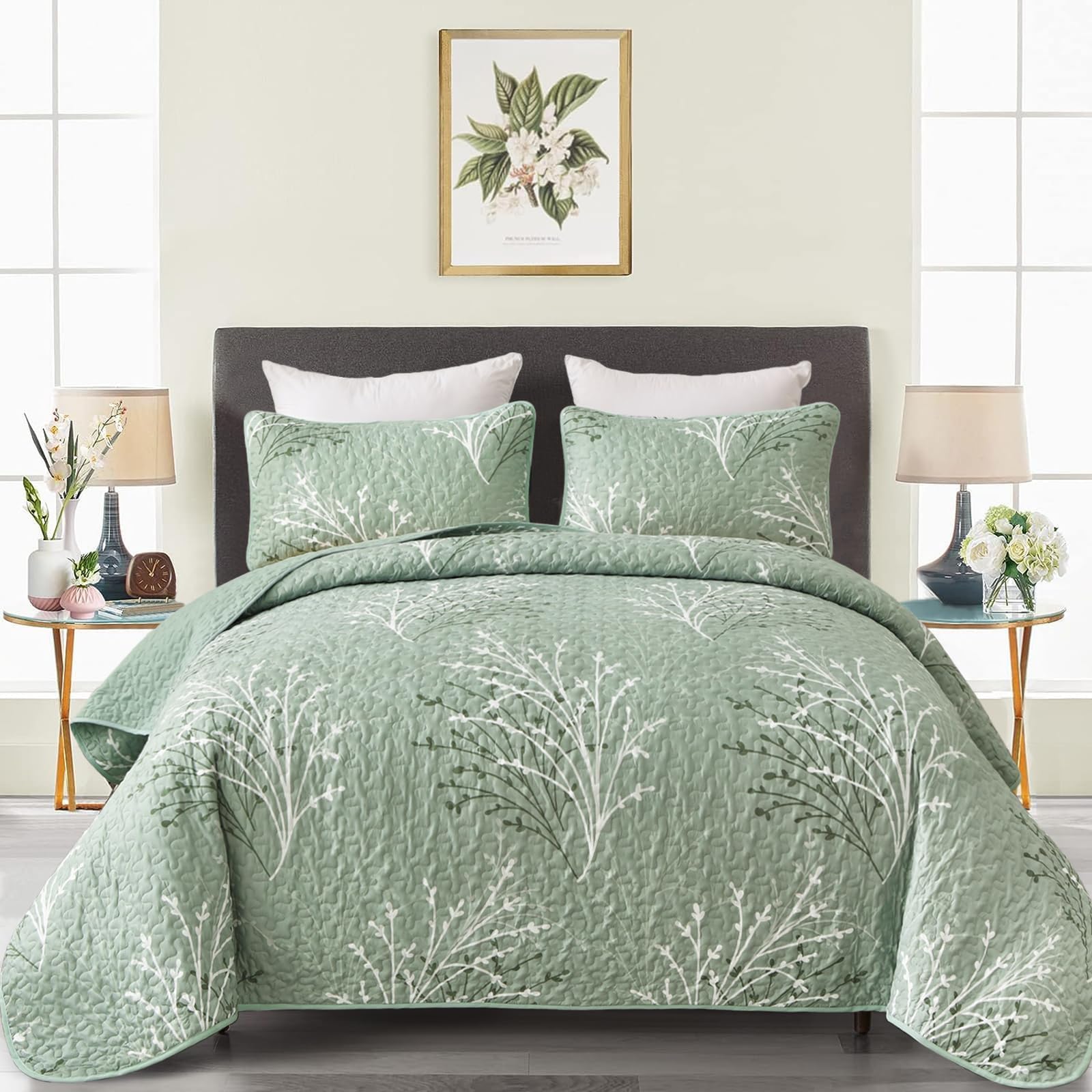 Sage Green Quilt Set King Size - Branch Botanical Pattern Bedspread Coverlet Set, 3 Piece Green Floral Quilt Bedding Set For All